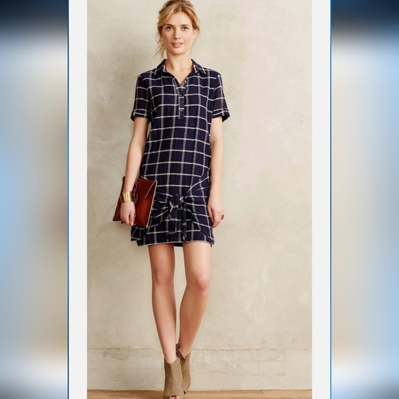 dolan Dresses & Skirts - Dolan Anthropologie Breton Gauze Dress Navy Blue Plaid Tie Front Shirt Dress